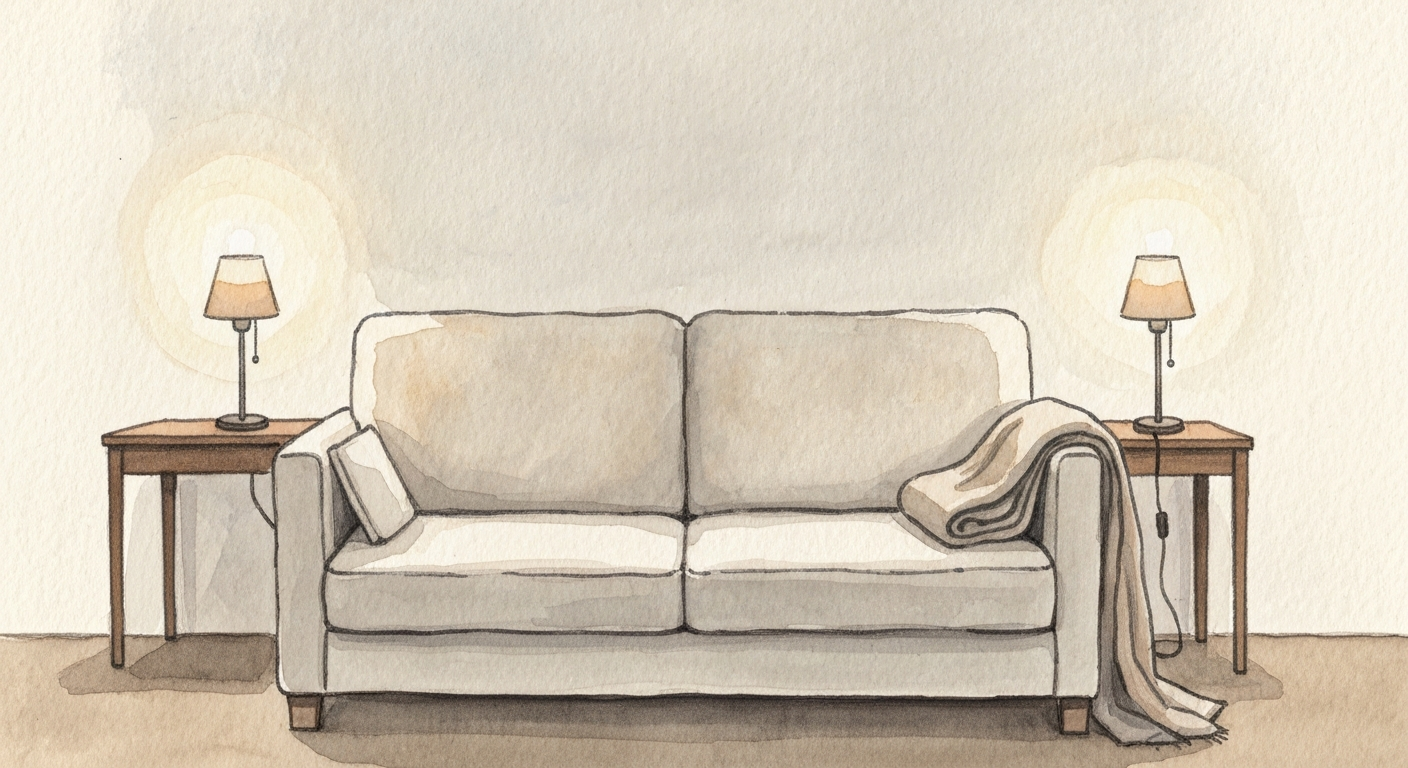 Ein Sofa am Abend, zwei Lampen brennen, eine Decke liegt zusammengefaltet