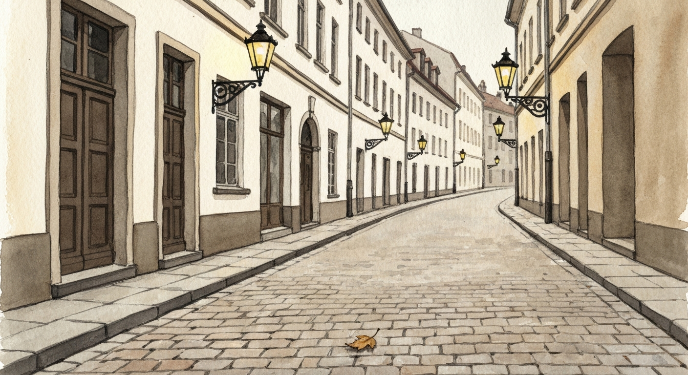 Eine Straße am frühen Abend, zwei Schatten an einer Hauswand