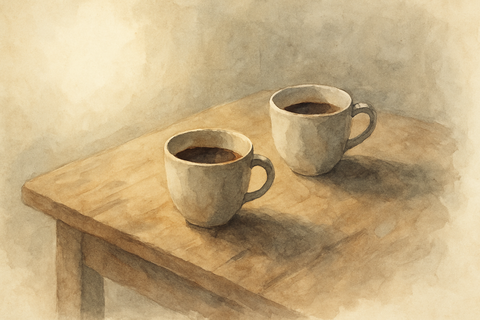 Zwei Kaffeetassen auf einem Holztisch, das Licht kommt schräg von links
