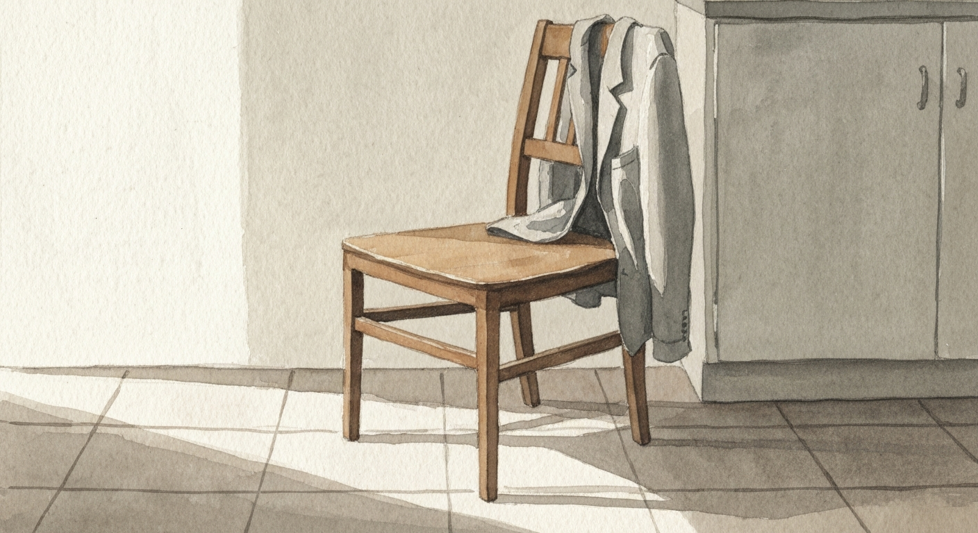 Ein Küchenstuhl mit einer übergeworfenen Jacke, Morgenlicht