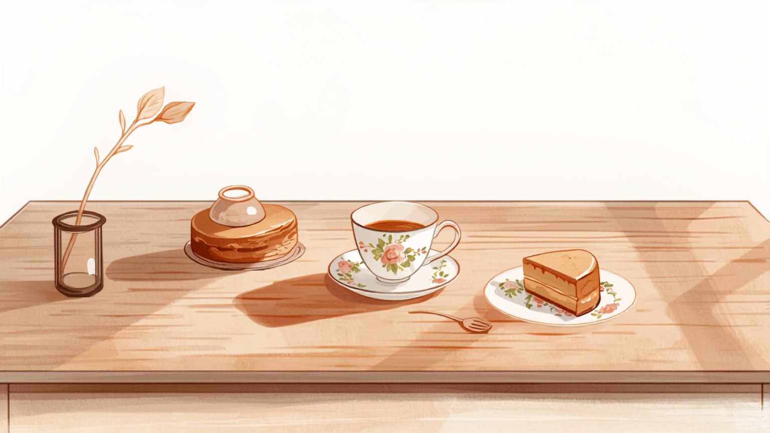 Ein gedeckter Kaffeetisch mit Blümchengeschirr und einem angeschnittenen Kuchen im Sonntagslicht